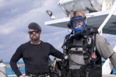 Hosts Jamie Hyneman and Adam Savage aboard boat for the Mythbusters Shark Week special