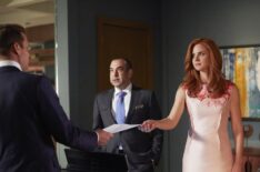 Suits - Season 5 - Gabriel Macht as Harvey Specter, Rick Hoffman as Louis Litt, Sarah Rafferty as Donna Paulsen