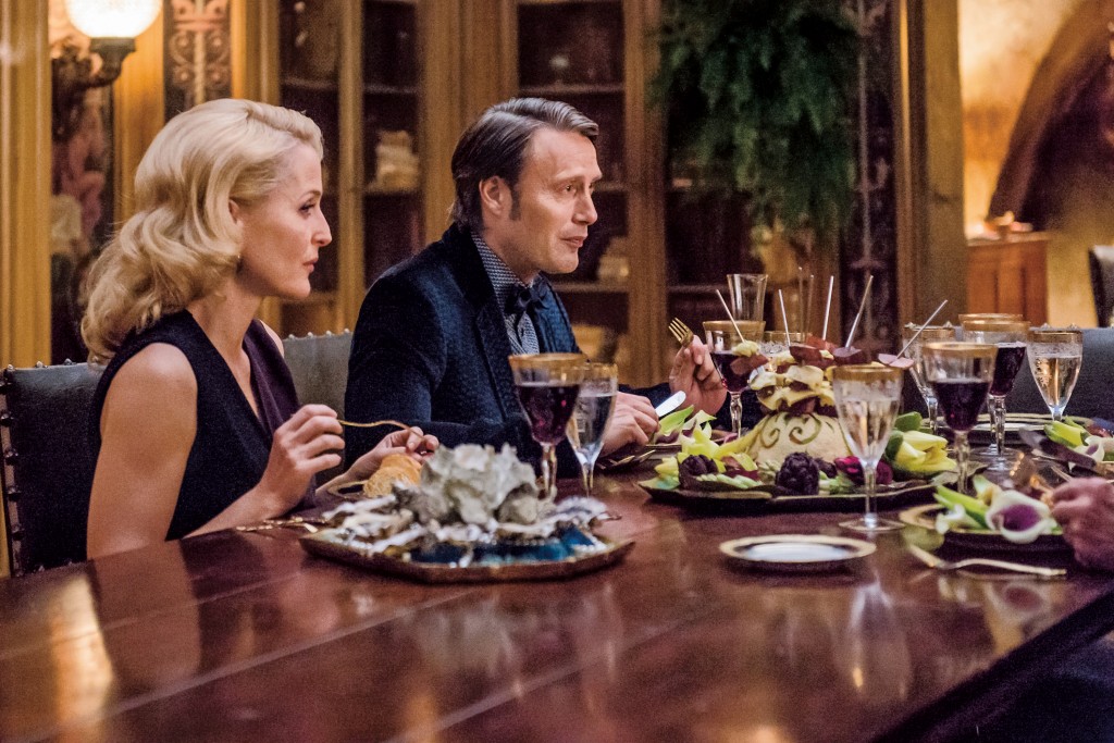 HANNIBAL -- "Secondo" Episode 303 -- Pictured: (l-r) Gillian Anderson as Bedelia Du Maurier, Mads Mikkelsen as Hannibal Lecter -- (Photo by: Brooke Palmer/NBC)