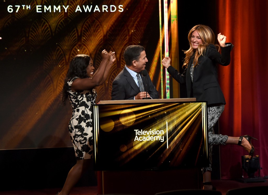 Actress Uzo Aduba, Television Academy Chairman & CEO Bruce Rosenblum, and Television Presenter Cat Deeley present the 67th Primetime Emmy Awards nominations