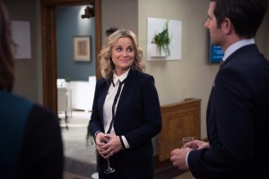 PARKS AND RECREATION -- "One Last Ride" Episode 712/713 -- Pictured: (l-r) Amy Poehler as Leslie Knope, Adam Scott as Ben Wyatt -- (Photo by: Colleen Hayes/NBC)