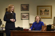 Vanessa Bayer and Kate McKinnon as Hillary Clinton during the 'Hillary Clinton Election Video Cold Open' skit on April 11, 2015 - Saturday Night Live - Season 40