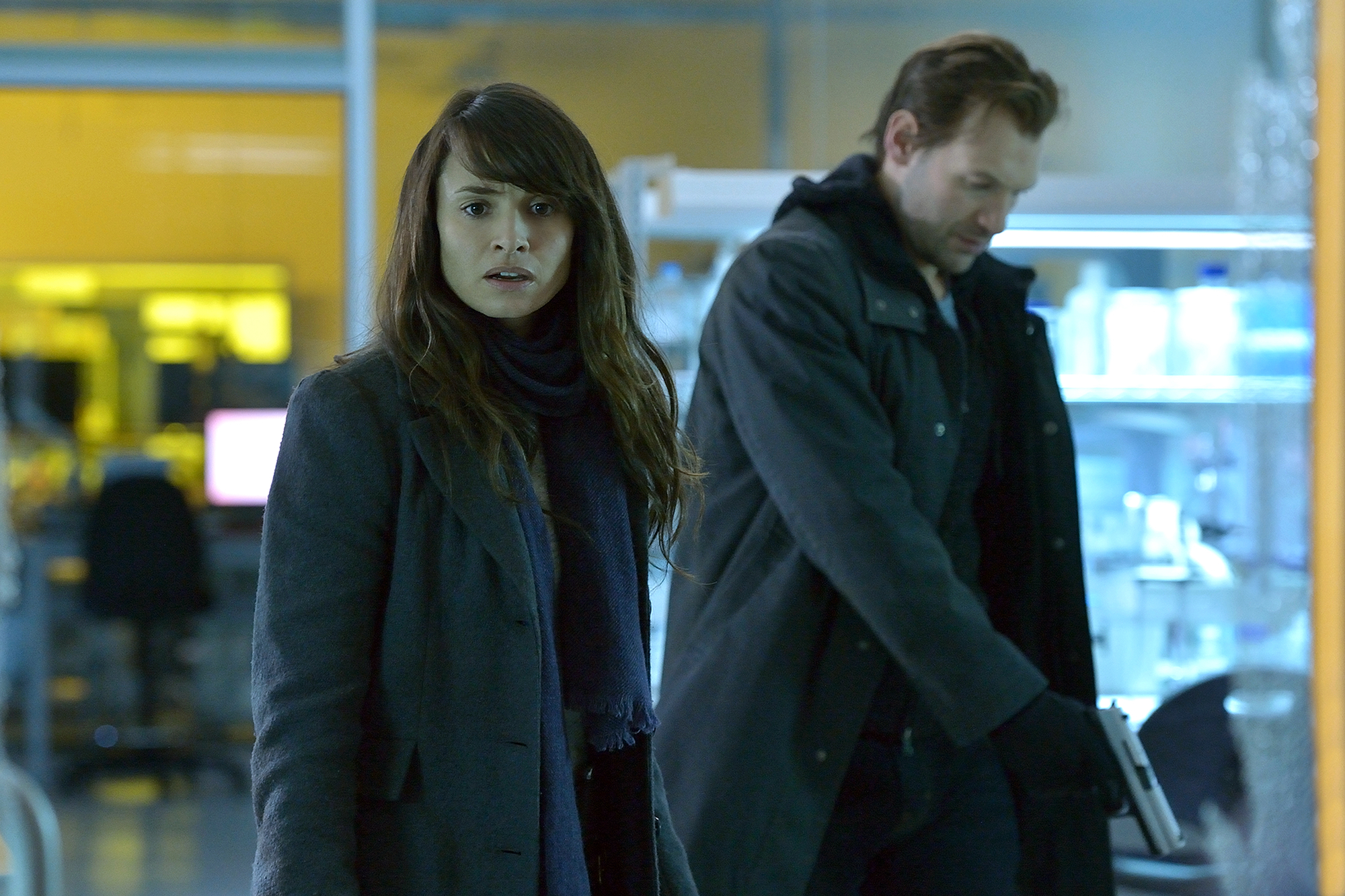 Mia Maestro as Nora Martinez, Corey Stoll as Ephraim Goodweather in The Strain