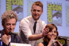 Peter Capaldi, Chris Hardwick, and Jenna Coleman at the Dr. Who panel at Comiccon 2015