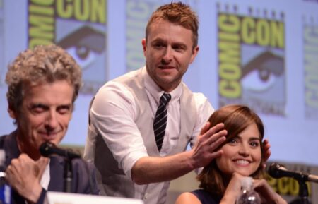 Peter Capaldi, Chris Hardwick, and Jenna Coleman at the Dr. Who panel at Comiccon 2015