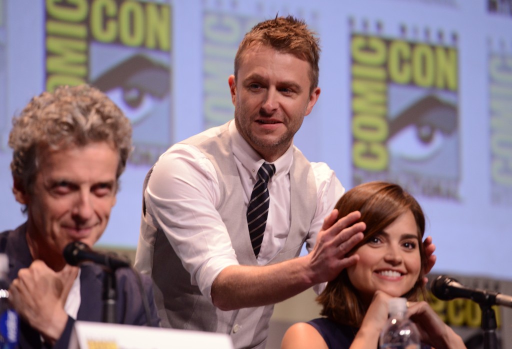 Peter Capaldi, Chris Hardwick, and Jenna Coleman at the Dr. Who panel at Comiccon 2015