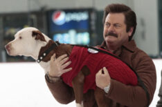 Nick Offerman with Champion the dog in Parks and Recreation