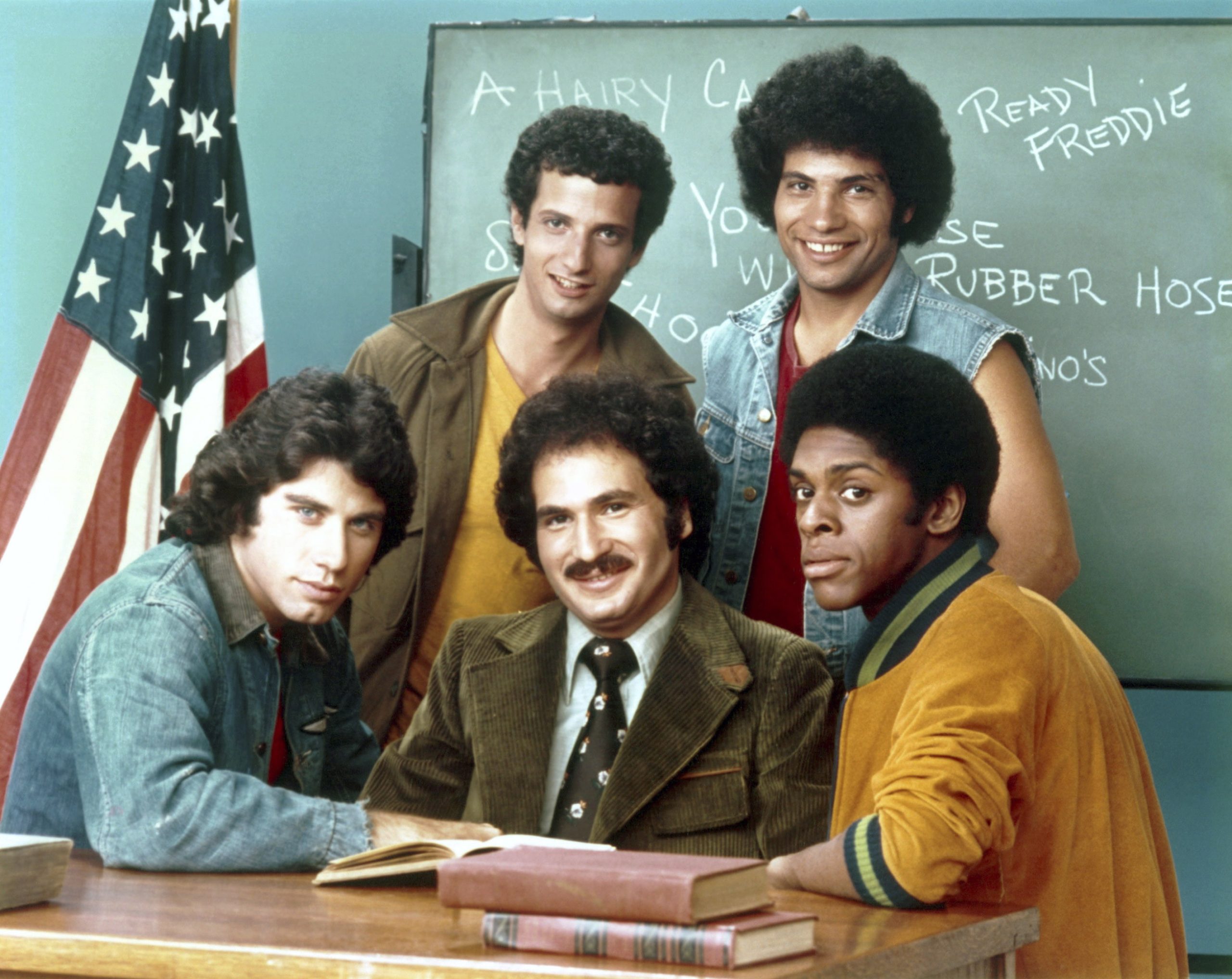 WELCOME BACK, KOTTER, standing from left: Ron Palillo, Robert Hegyes, front from left: John Travolta
