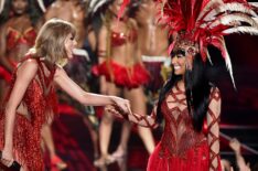 Taylor Swift and Nicki Minaj perform onstage during the 2015 MTV Video Music Awards