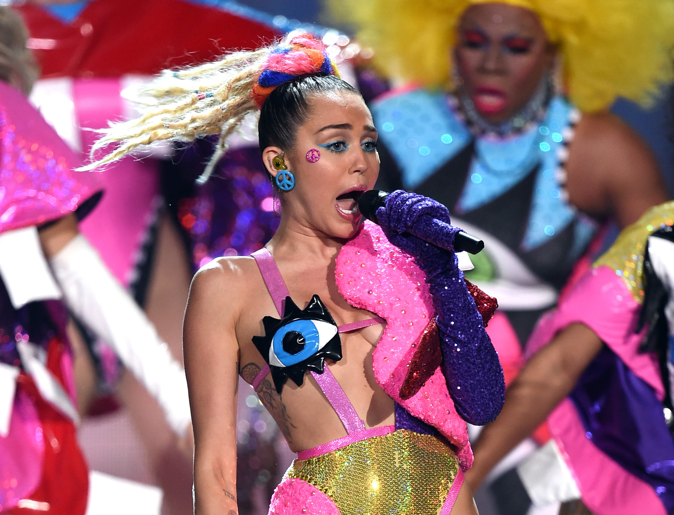 Miley Cyrus onstage during the 2015 MTV Video Music Awards