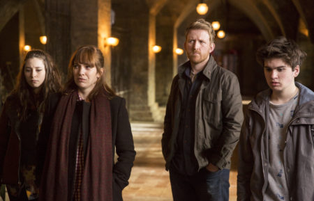 Lucy Carless as Mattie Hawkins, Katherine Parkinson as Laura Hawkins, Tom Goodman-Hill as Joe Hawkins, and Theo Stevenson as Toby Hawkins - Humans - Season 1, Episode 8