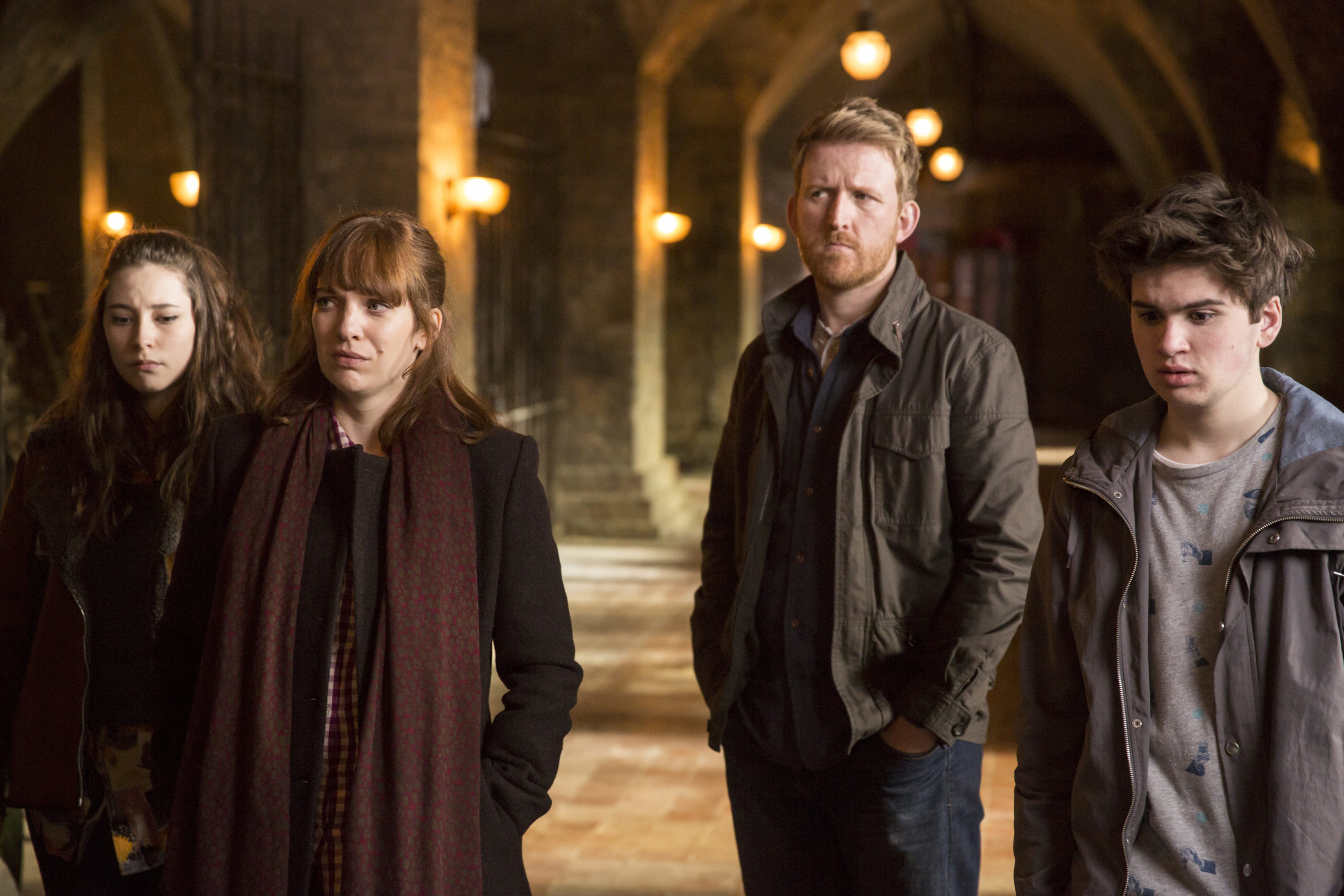 Lucy Carless as Mattie Hawkins, Katherine Parkinson as Laura Hawkins, Tom Goodman-Hill as Joe Hawkins, and Theo Stevenson as Toby Hawkins - Humans - Season 1, Episode 8