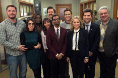 Parks and Recreation series finale - 'One Last Ride' - Chris Pratt as Andy Dwyer, Aubrey Plaza as April Ludgate, Retta as Donna Meagle, Rashida Jones as Ann Perkins, Nick Offerman as Ron Swanson, Aziz Ansari as Tom Haverford, Rob Lowe as Chris Traeger, Amy Poehler as Leslie Knope, Adam Scott as Ben Wyatt, Jim O'Heir as Garry Gergich