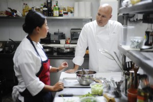 TOP CHEF -- "Mano A Mano" Episode 1215 -- Pictured: (l-r) Mei Lin, Tom Colicchio -- (Photo by: David Moir/Bravo)