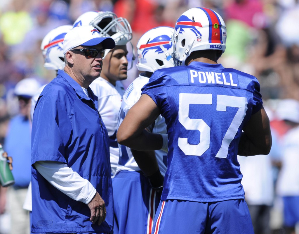 Jul 31, 2015; Pittsford, NY, USA; Buffalo Bills head coach Rex Ryan has a word of instruction with Buffalo Bills linebacker Ty Powell (57) during training camp at St. John Fisher College. Mandatory Credit: Mark Konezny-USA TODAY Sports