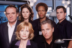 The cast of CSI: Crime Scene Investigation: Paul Guilfoyle, Jorja Fox, Gary Dourdan, George Eads, Marg Helgenberger, and William Petersen
