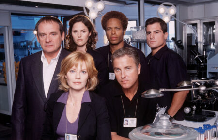 The cast of CSI: Crime Scene Investigation: Paul Guilfoyle, Jorja Fox, Gary Dourdan, George Eads, Marg Helgenberger, and William Petersen