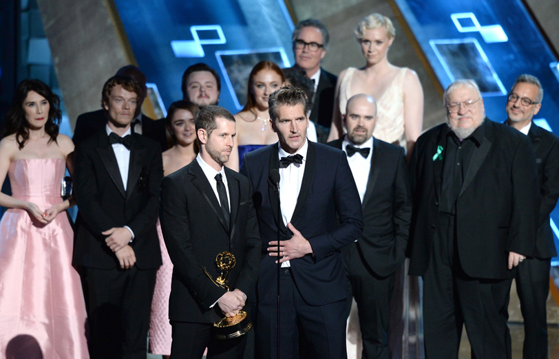Producers D.B. Weiss and David Benioff, with cast and crew of 