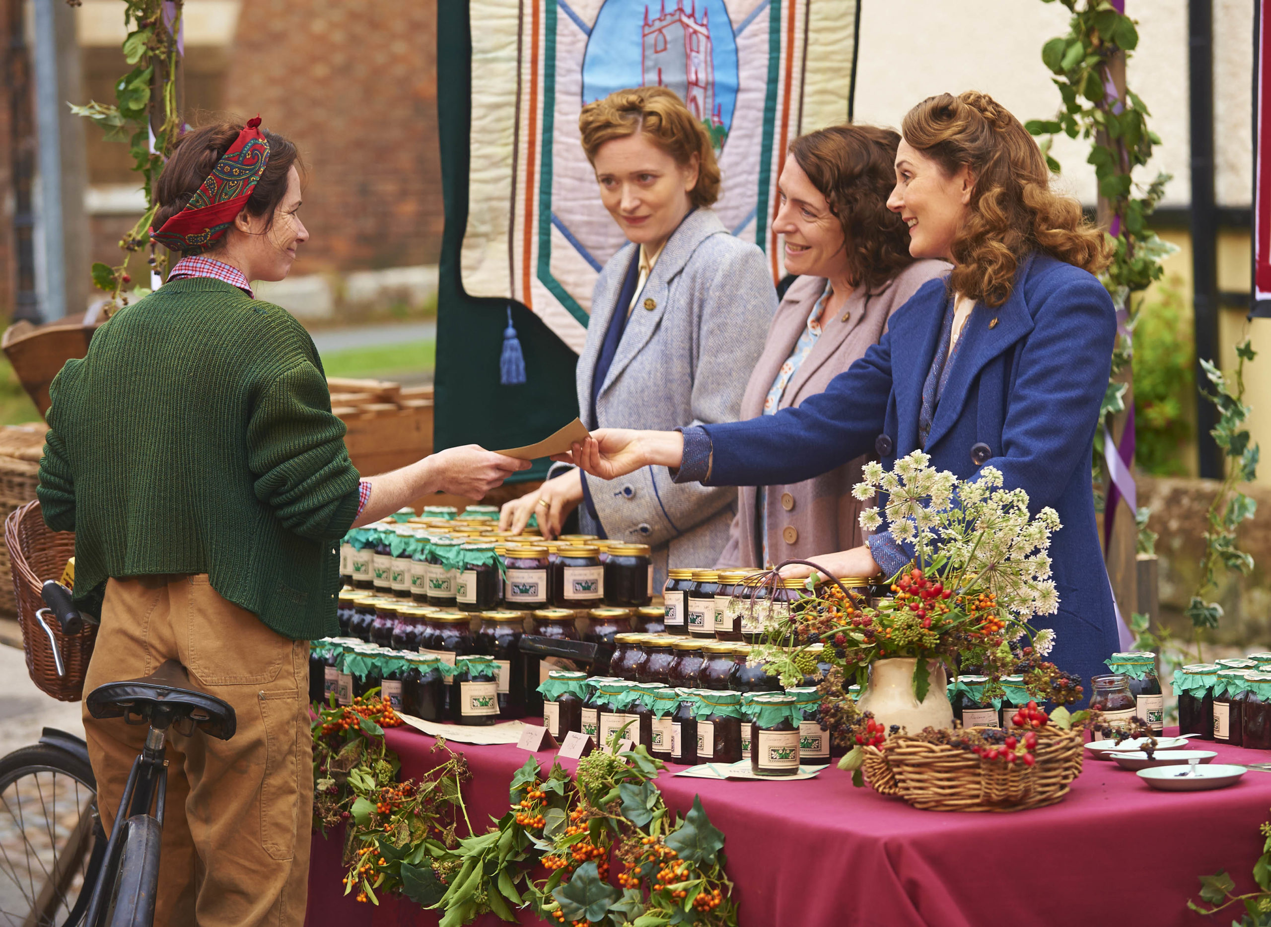 Home Fires - Clare Calbraith as Steph Farrow, Claire Price as Miriam Brindsley, Claire Rushbrook as Pat Simms, and Ruth Gemmell as Sarah King