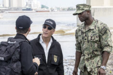 Lucas Black as Special Agent Christopher LaSalle, Scott Bakula as Special Agent Dwayne Pride, and David Kency as Navy Commander Joseph Coleman in NCIS: New Orleans