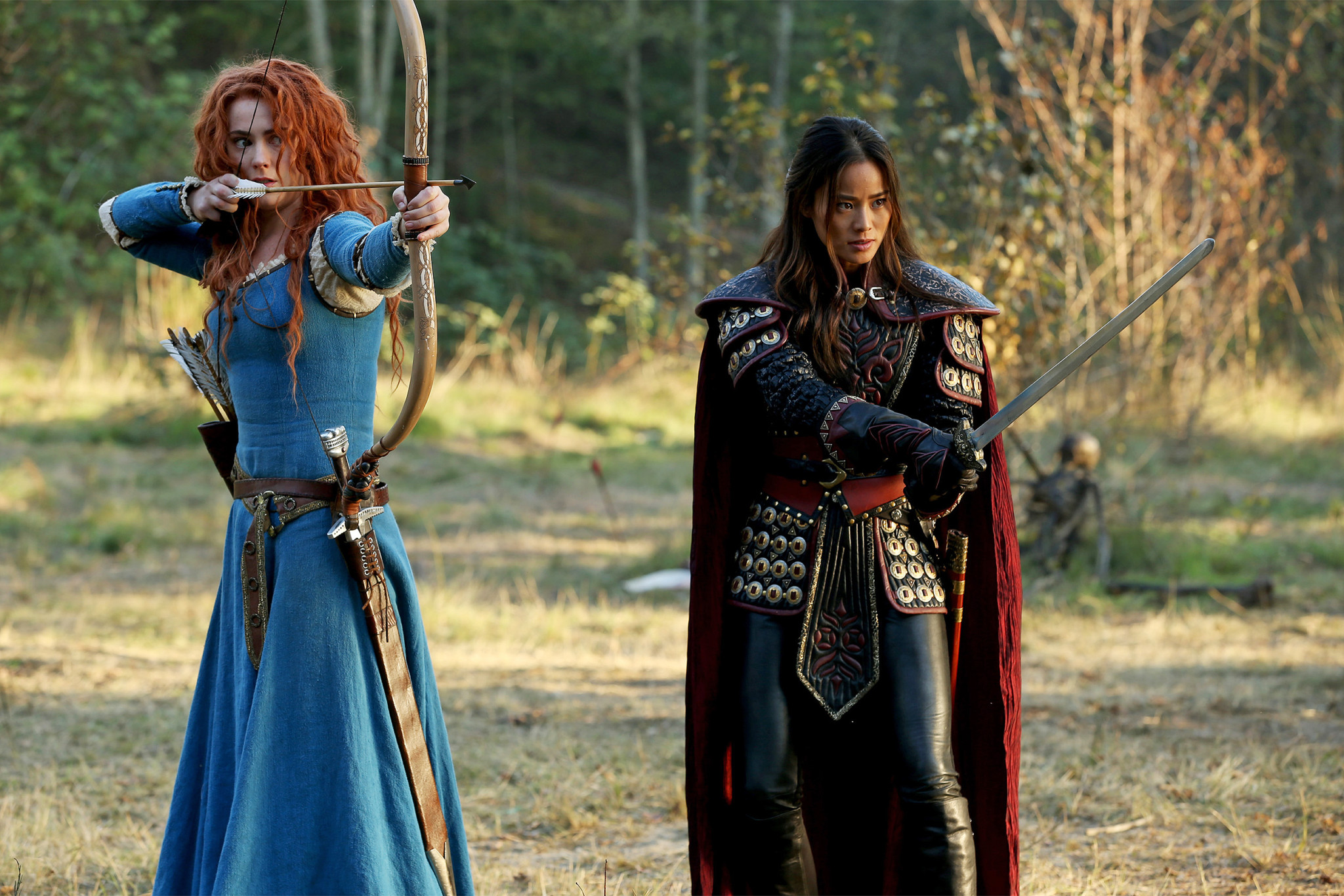 Merida Mulan And Red Riding Hood Storm Camelot On Once Upon A Time Tv Insider
