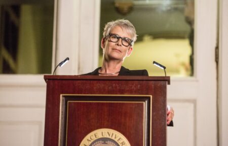 Jamie Lee Curtis as Dean Cathy Munsch in the 'Chainsaw' time period premiere episode of Scream Queens