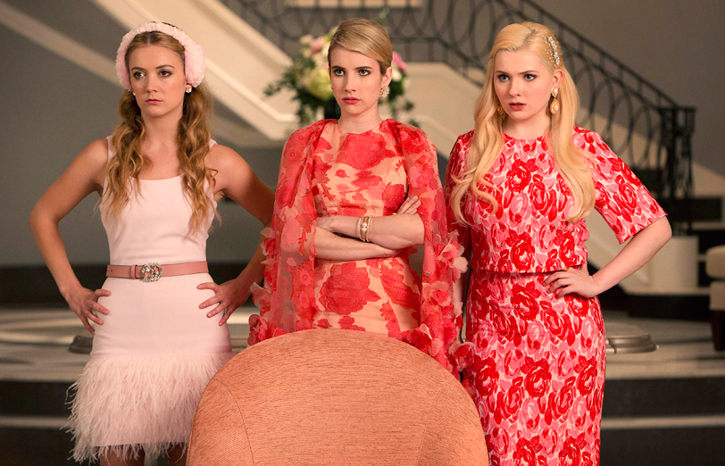 Billie Lourd as Chanel #3, Emma Roberts as Chanel Oberlin, and Abigail Breslin as Chanel #5 in 'Pilot,' the first part of the special, two-hour series premiere of Scream Queens