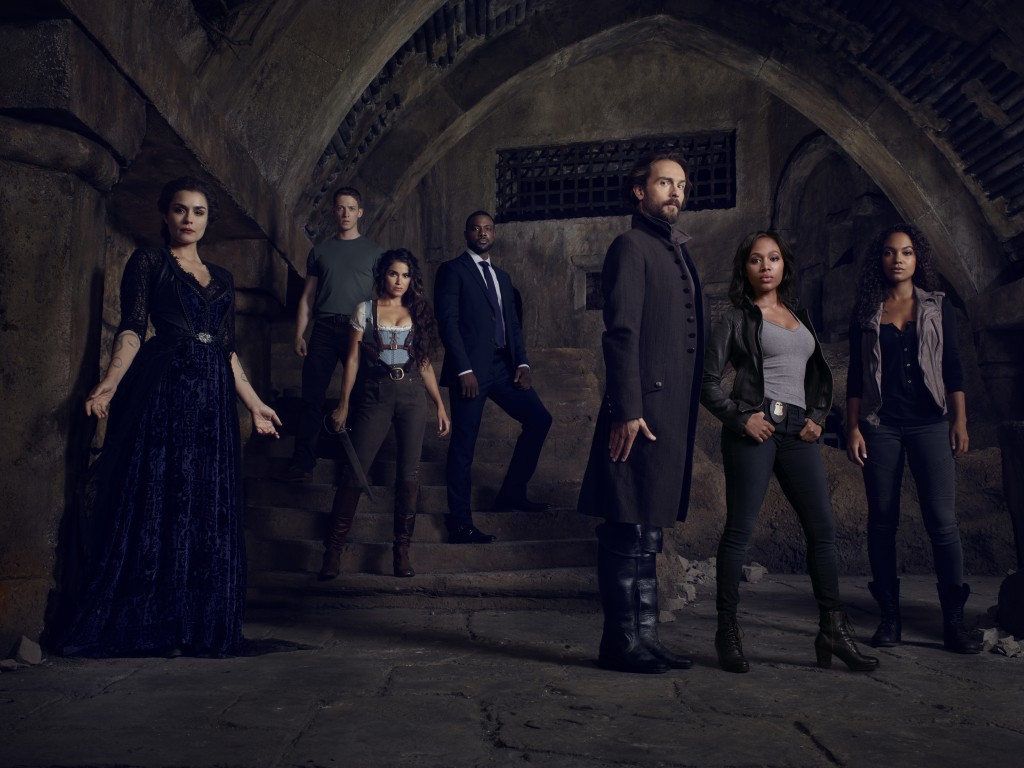 Sleepy Hollow cast Season 3 - Pandora (Shannyn Sossamon), Joe Corbin (Zach Appelman), Betsy Ross (Nikki Reed), Agent Reynolds (Lance Gross), Ichabod Crane (Tom Mison), Abbie (Nicole Beharie), and Jenny Mills (Lyndie Greenwood)