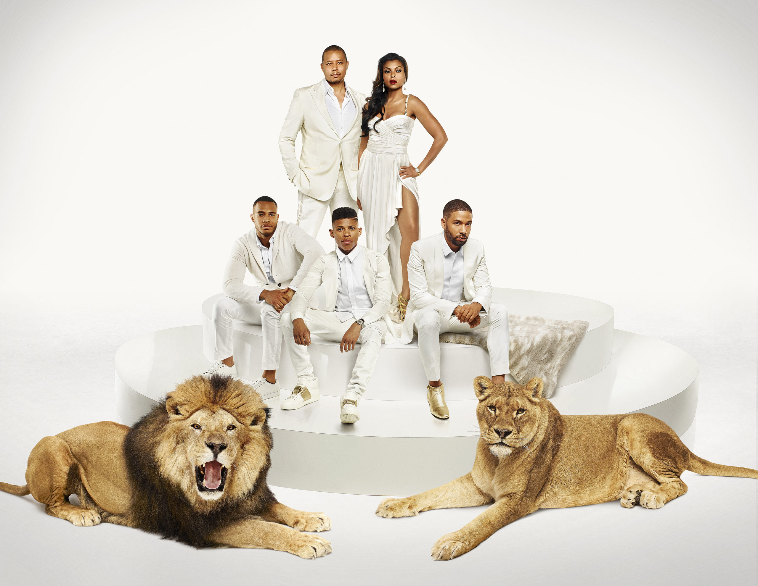 Trai Byers as Andre Lyon, Terrence Howard as Lucious Lyon, Bryshere Gray as Hakeem Lyon, Taraji P. Henson as Cookie Lyon, and Jussie Smollett as Jamal Lyon in Empire