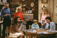 The Keatons on Family Ties - Michael Gross as Steven Keaton, Justine Bateman as Mallory Keaton, Meredith Baxter as Elyse Keaton, Brian Bonsall as Andrew Keaton, Tina Yothers as Jennifer Keaton, Michael J. Fox as Alex P. Keaton