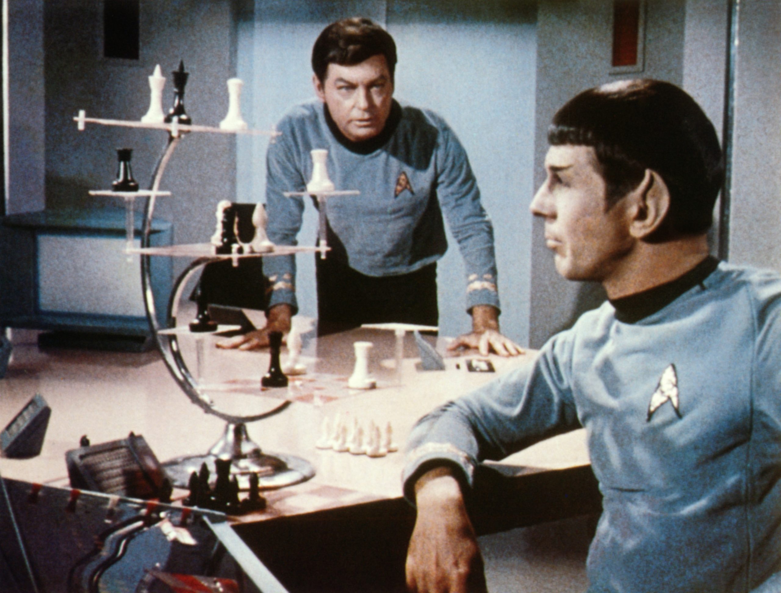 DeForest Kelley and Leonard Nimoy playing a three-dimensional chess game in Star Trek