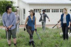 Josh McDermitt as Dr. Eugene Porter, Christian Serratos as Rosita Espinosa, and Alexandra Breckenridge as Jessie - The Walking Dead - Season 6, Episode 7