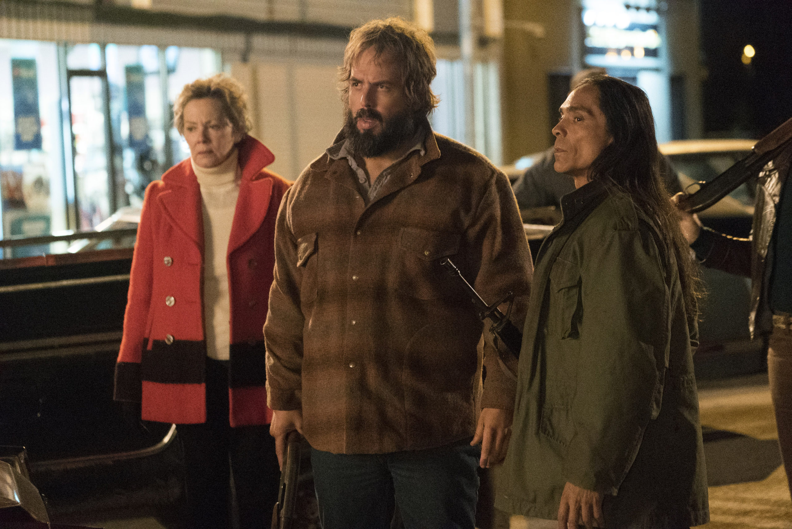 Fargo - 'The Castle' - Season 2 - Jean Smart as Floyd Gerhardt, Angus Sampson as Bear Gerhardt, Zahn McClarnon as Ohanzee Dent