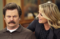 Nick Offerman as Ron Swanson and Amy Poehler as Leslie Knope in Parks and Recreation
