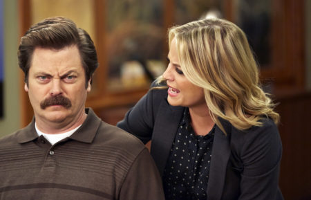 Nick Offerman as Ron Swanson and Amy Poehler as Leslie Knope in Parks and Recreation