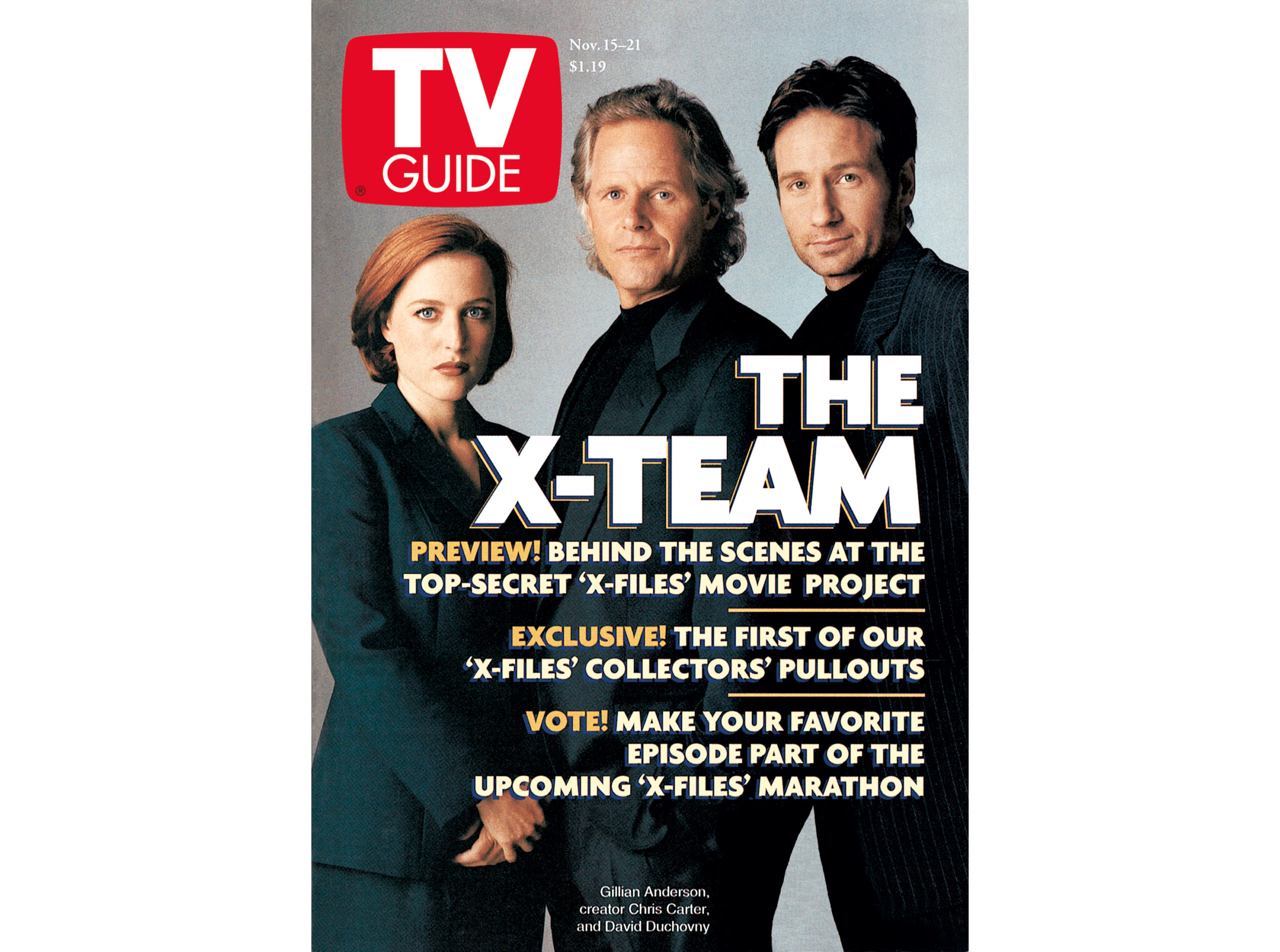 The X-Files on the cover of TV Guide Magazine in November 1997 - Gillian Anderson, Chris Carter, and David Duchovny