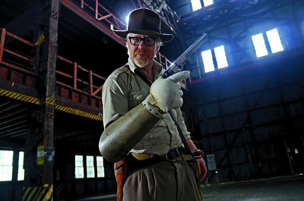 Mythbuster Adam Savage wearing a protective glove for the gun whip test
