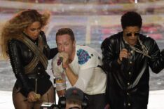 Beyonce, Chris Martin of Coldplay, and Bruno Mars perform during Super Bowl 50