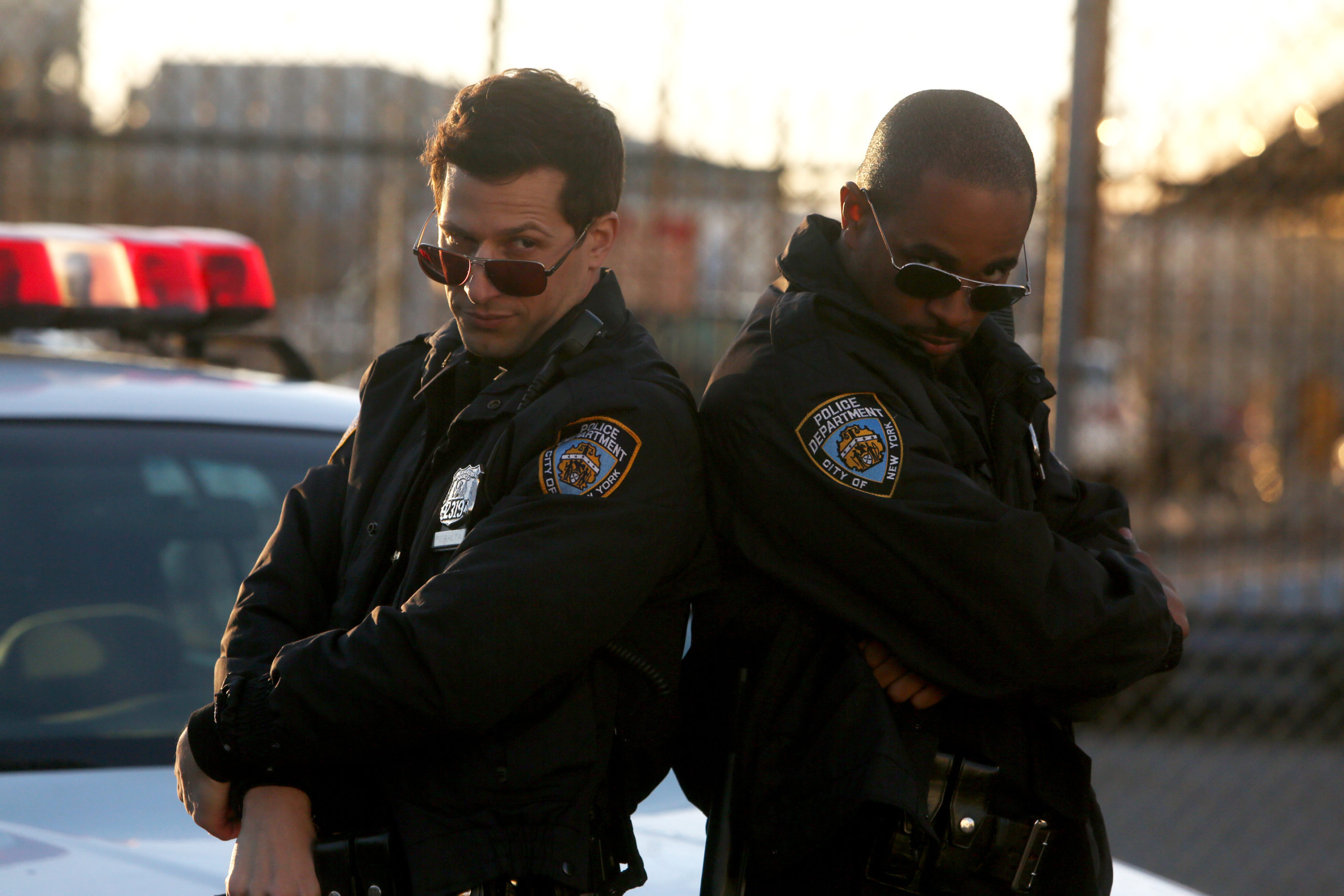 Andy Samberg and guest star Damon Wayans, Jr. in the 'The 9-8' episode of Brooklyn Nine-Nine