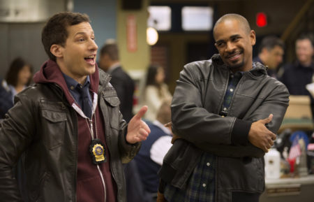 Andy Samberg and guest star Damon Wayans, Jr. in the 'The 9-8' episode of Brooklyn Nine-Nine
