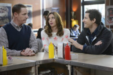 Capt. Holt's husband Kevin (guest star Marc Evan Jackson), Det. Peralta (Andy Samberg), Gina (Chelsea Peretti) out for lunch in the 'The Wednesday Incident' episode of Brooklyn Nine-Nine-