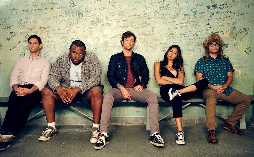 Justin Bartha, James Earl, Jack Cutmore-Scott, Meaghan Rath, and Charlie Saxton in the 'How to Survive Losing Your Phone' episode of Cooper Barrett’s Guide to Surviving Life