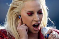 Lady Gaga sings the national anthem before the NFL Super Bowl 50