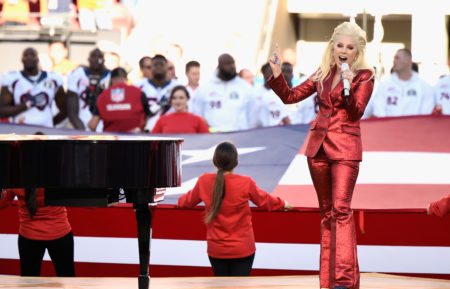 Lady Gaga sings the national anthem before the NFL Super Bowl 50