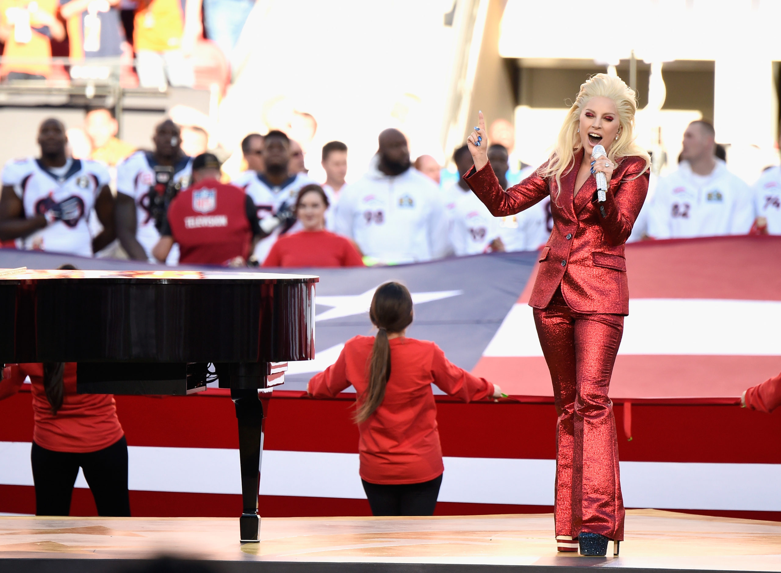 Lady Gaga sings the national anthem before the NFL Super Bowl 50