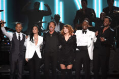 John Legend, Demi Lovato, Lionel Richie, Meghan Trainor, Tyrese Gibson, and Luke Bryan perform onstage during The 58th Grammy Awards tribute to Lionel Richie