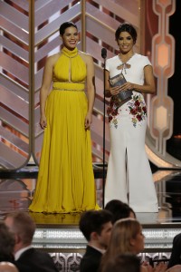 73rd ANNUAL GOLDEN GLOBE AWARDS -- Pictured: (l-r) America Ferrera, Eva Longoria, Presenters at the 73rd Annual Golden Globe Awards held at the Beverly Hilton Hotel on January 10, 2016 -- (Photo by: Paul Drinkwater/NBC)