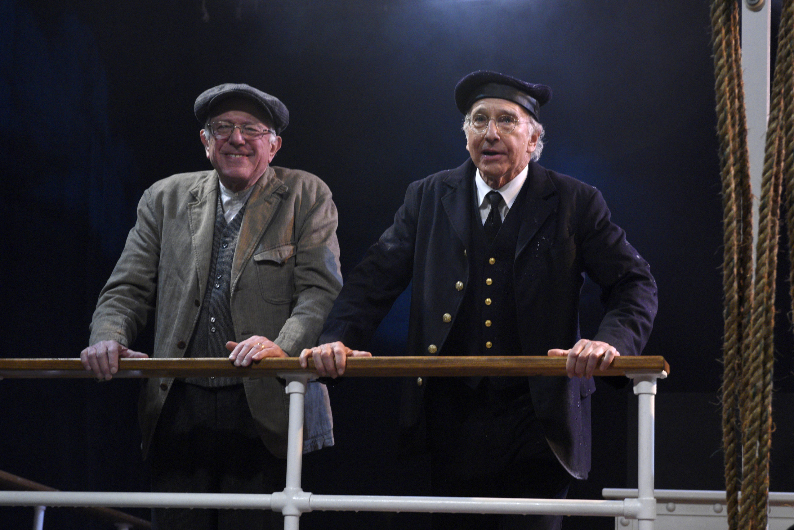 Senator Bernie Sanders and Larry David during the 'Steam Ship' sketch on Saturday Night Live on February 6, 2016