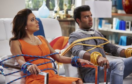 Telenovela - Eva Longoria and Jencarlos Canela strapped into chais