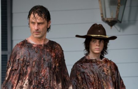 Andrew Lincoln as Rick Grimes and Chandler Riggs as Carl Grimes in The Walking Dead - Season 6, Episode 8